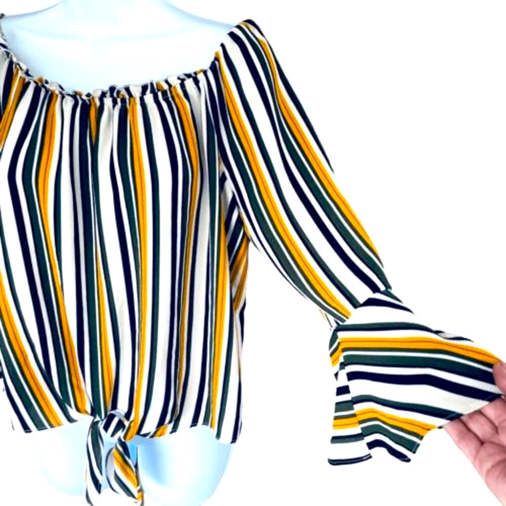 A. Byer Bell Sleeve Front Tie Boat Neck Striped Boho Blouse Top Medium - Picture 4 of 13